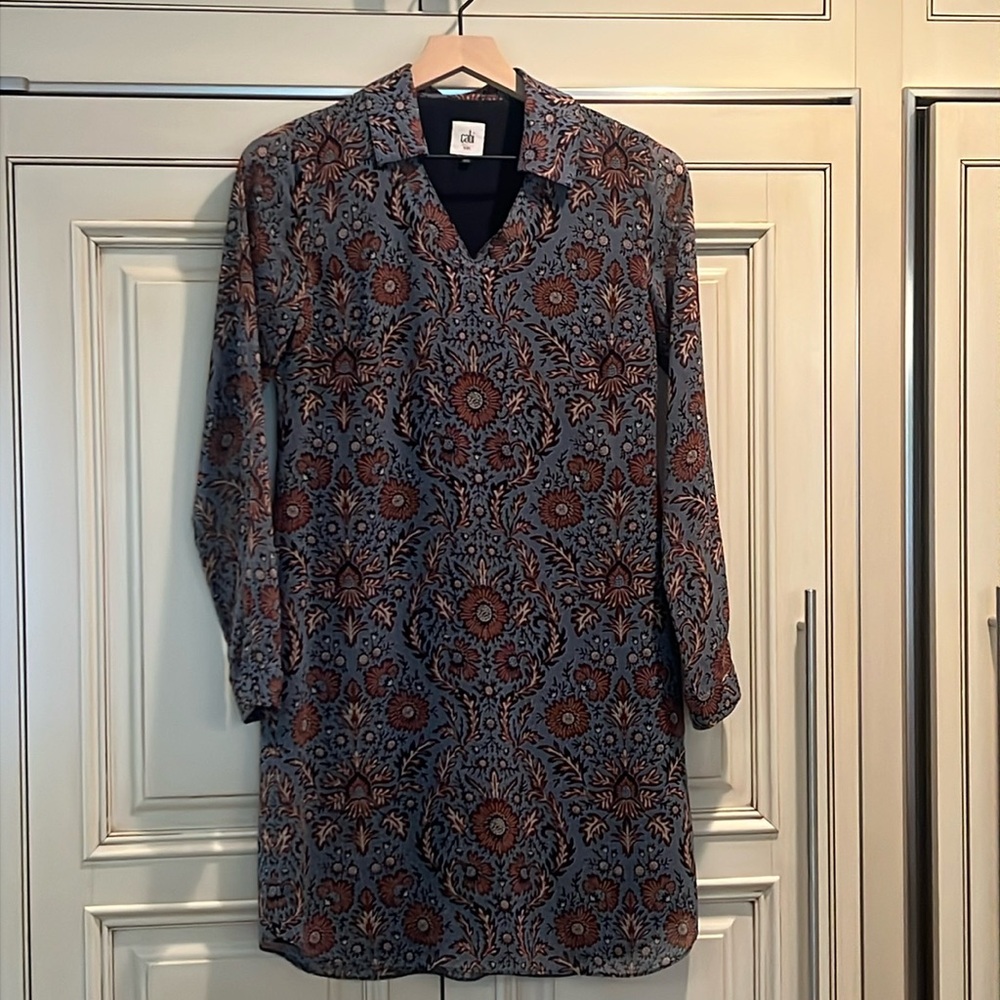 CABI Provincial Blue Floral Collared Dress Long Sleeve Shift Womens Sz XS